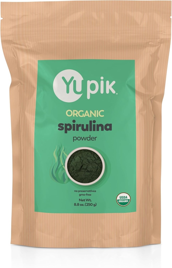 Yupik Organic Spirulina Powder 8.8 oz, USDA Certified, Non- GMO, Kosher, Gluten- Free, Vegan, High in Protein, Iron & Antioxidants, Superfood for Smoothies, Shakes & Baging