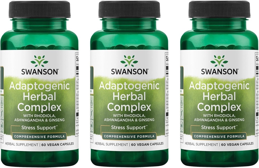 Swanson Rhodiola Ashwagandha Ginseng Complex Mood Energy Immunfunktion Nervesystemet Stress Support Adaptogen Herb Supplement 60 Kapsler (3 Pack)