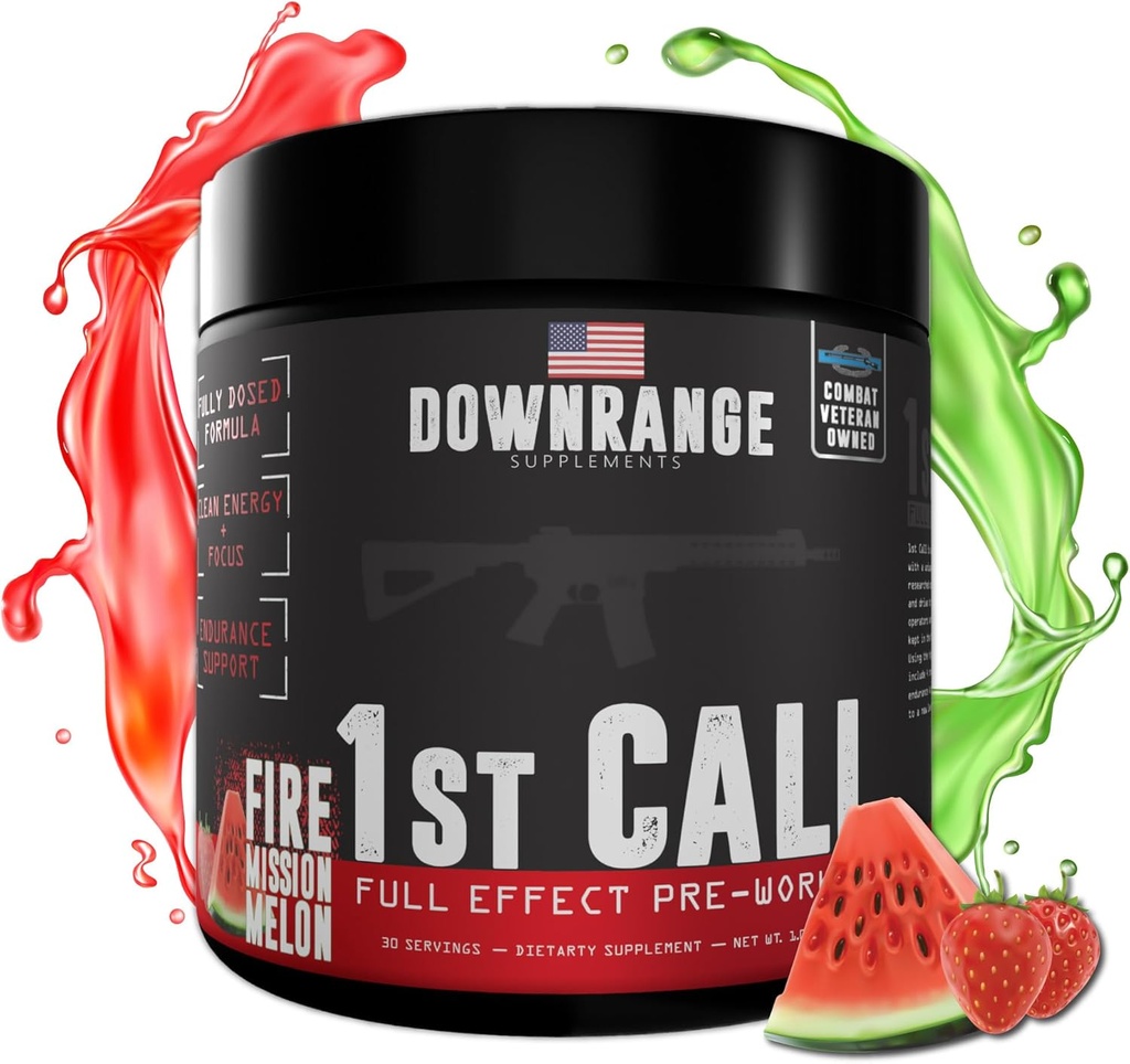DownRange 1st Call Pre Workout Powder, Fortræning for mænd og kvinder, Aminosyre Beta alanine & koffein til pumpe, Energi og Focus Support, 30 Servere (Jordbær Vandmelon)
