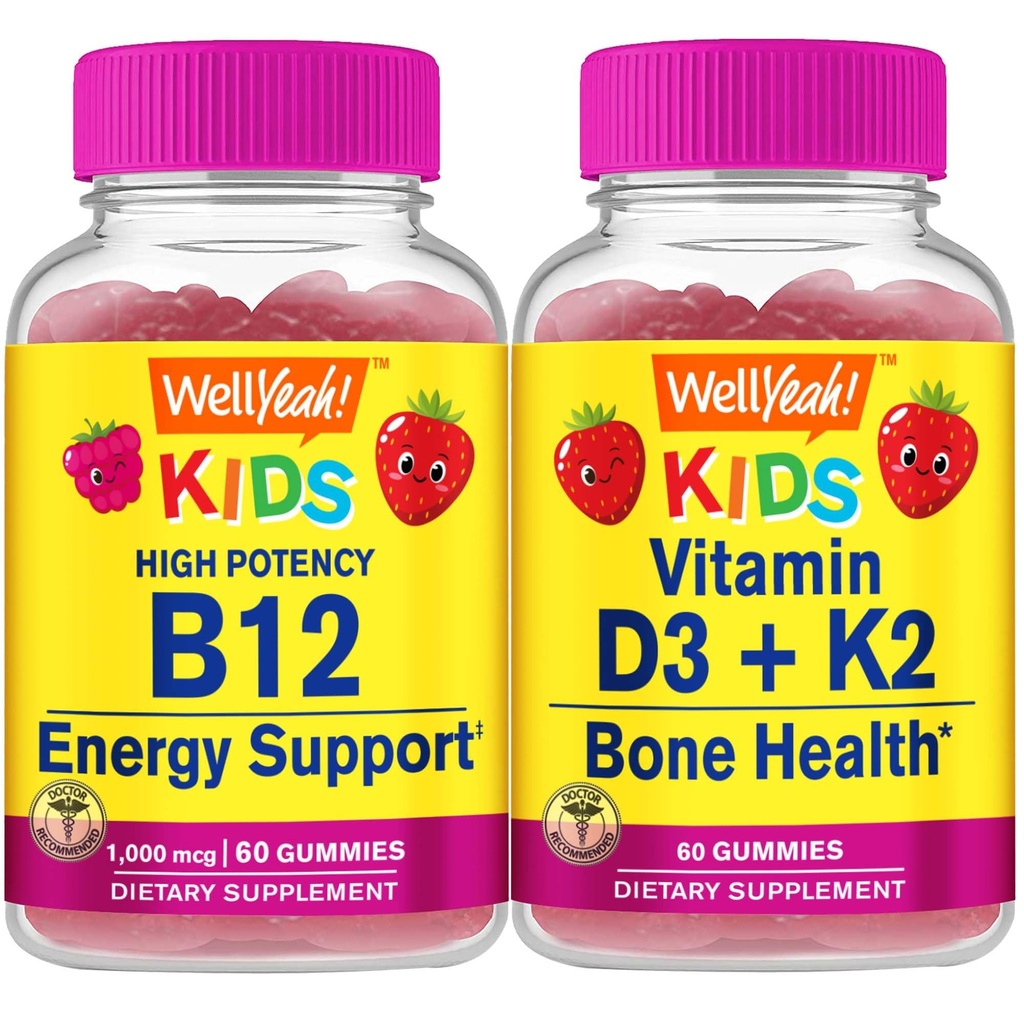 WellYe Vitamin B12 Kids + Vitamin D3 + K2 Kids, Gummies Bundle - Great Tasting, Vitamin Supplement, Gluten Free, GMO fri, Chewable Gummy