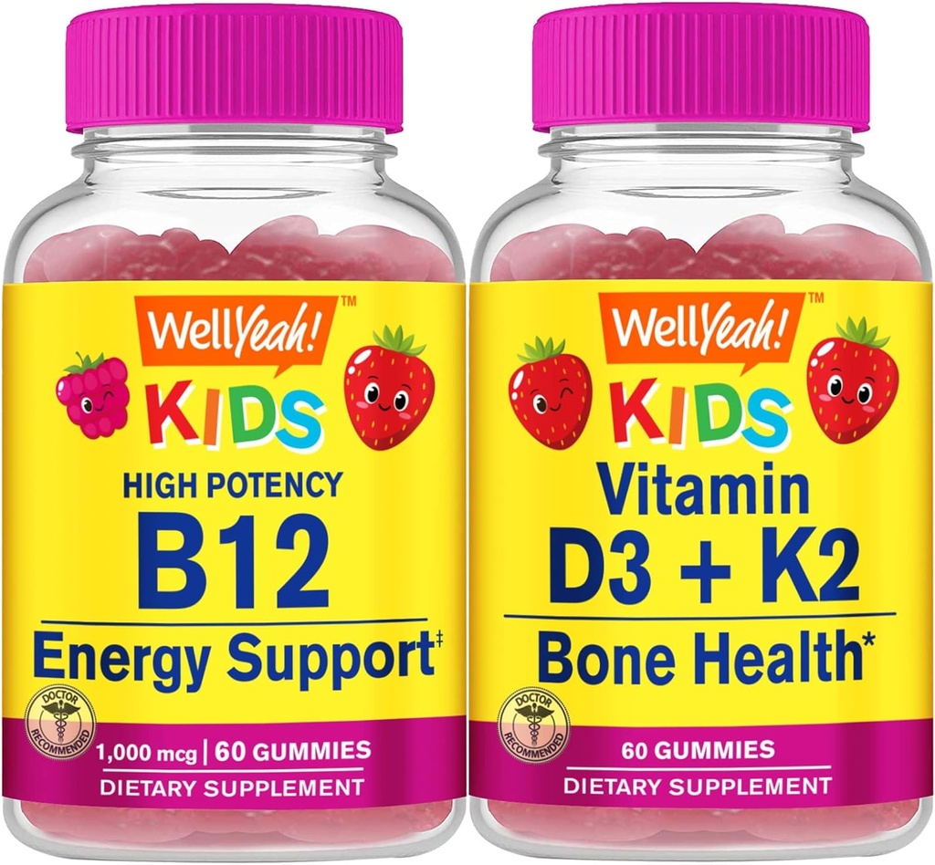 WellYe Vitamin B12 Kids + Vitamin D3 + K2 Kids, Gummies Bundle - Great Tasting, Vitamin Supplement, Gluten Free, GMO fri, Chewable Gummy