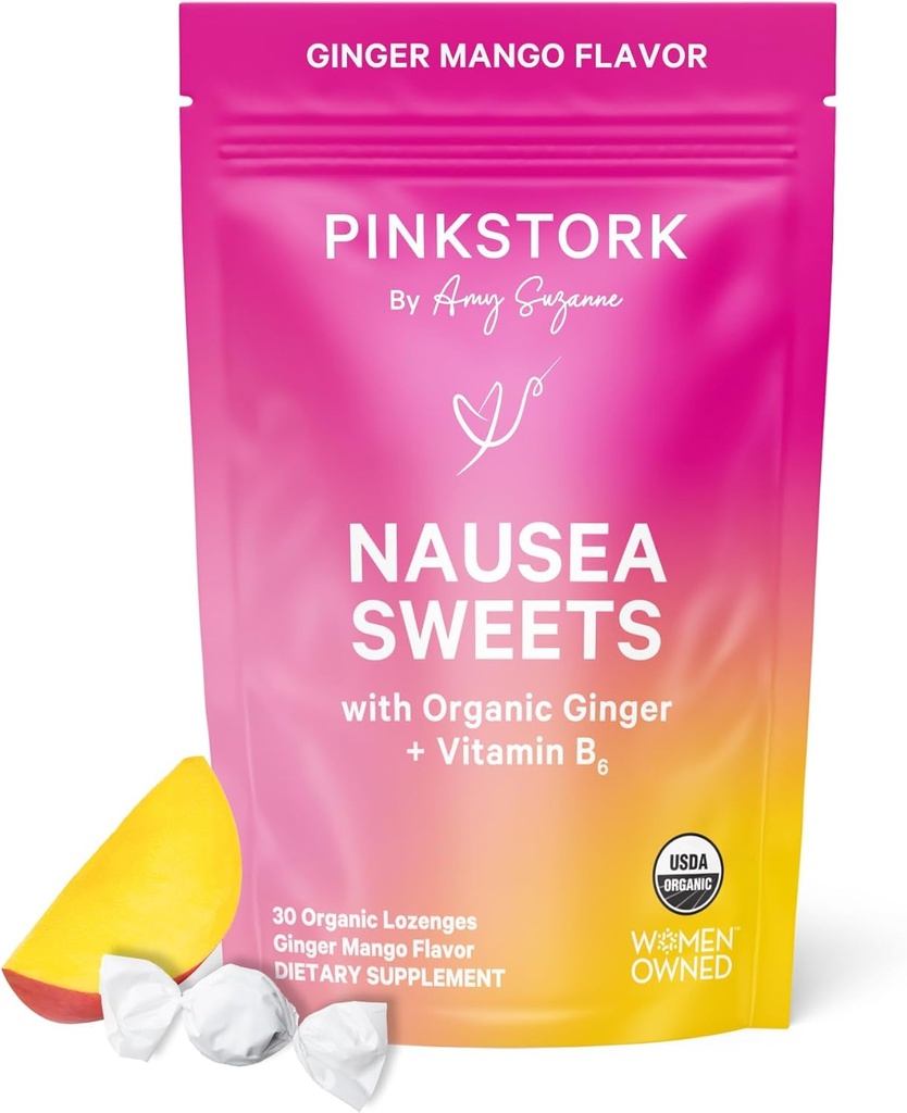 Pink Stork Organic Mango Sweets med vitamin B6 til morgen sygdom og motion sygdom, Tilføjet Ginger & Vitamin B6, 1. Trimester Graviditet skal Haves - 30 indpakket slik