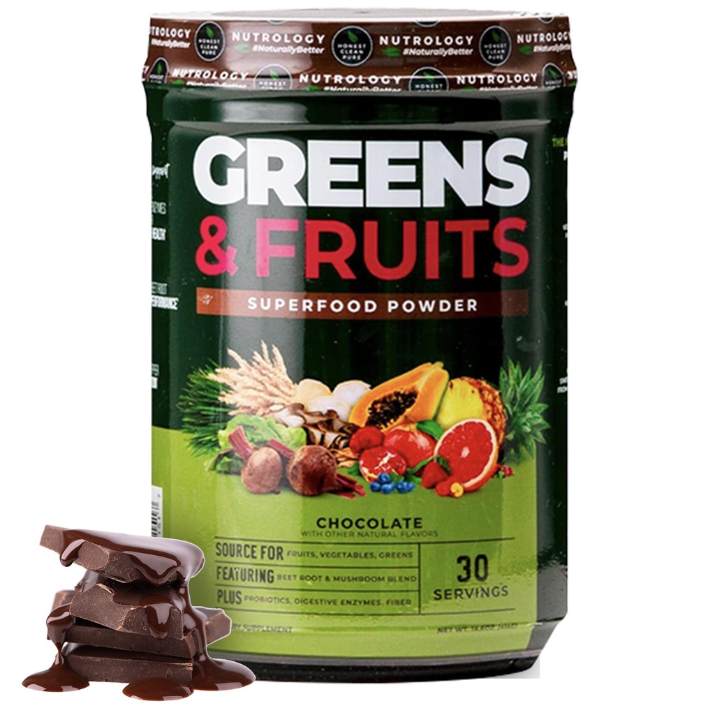 Nutrologi Grønne & frugter Powder- naturligt sourced frugter, grøntsager, Beet Powder & Mushroom Blend, Probiotika, fordøjelsesenzymer, fibre, antioxidanter, immunforsvar, gluten fri - Chokolade