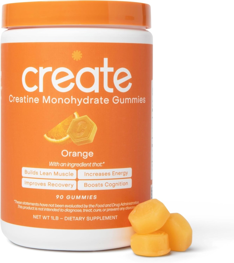 Skabe Creatin monohydrat gummier for mænd og kvinder, boost fokus, styrke og udholdenhed, anti-smeltning formel, Vegan, Gluten- fri, ikke-GMO, 1,5 g Creatin per Gummy (Orange, 90 ct)