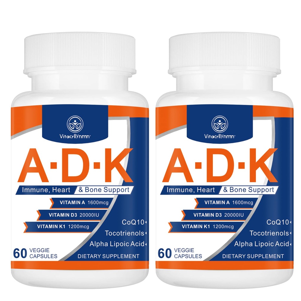 ADK vitamintilskud 20000 IE - højpotens Vitaminer A, D3 og K1 for hjerte, ben sundhed og immunforsvar Vitamin ADK 120 kapsler