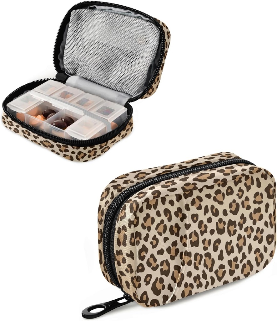 Træthed Leopard Pill Box 7 Dag Pill Organizer, Ugentlig Pill sag med lynlås taske, Bærbar Travel Pill Container Medicin Organizer Vitamin Pill Holder
