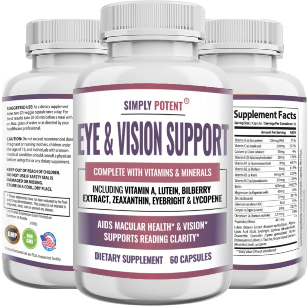 Lutein & Zeaxanthin Eye Health Kosttilskud til voksne, Natural Eye & Vision Formel w / Vitamin A, Lutein, Zeaxanthin, Bilberry Extract, Eyebright & Lycopene til Retina & Lens 60 Caps
