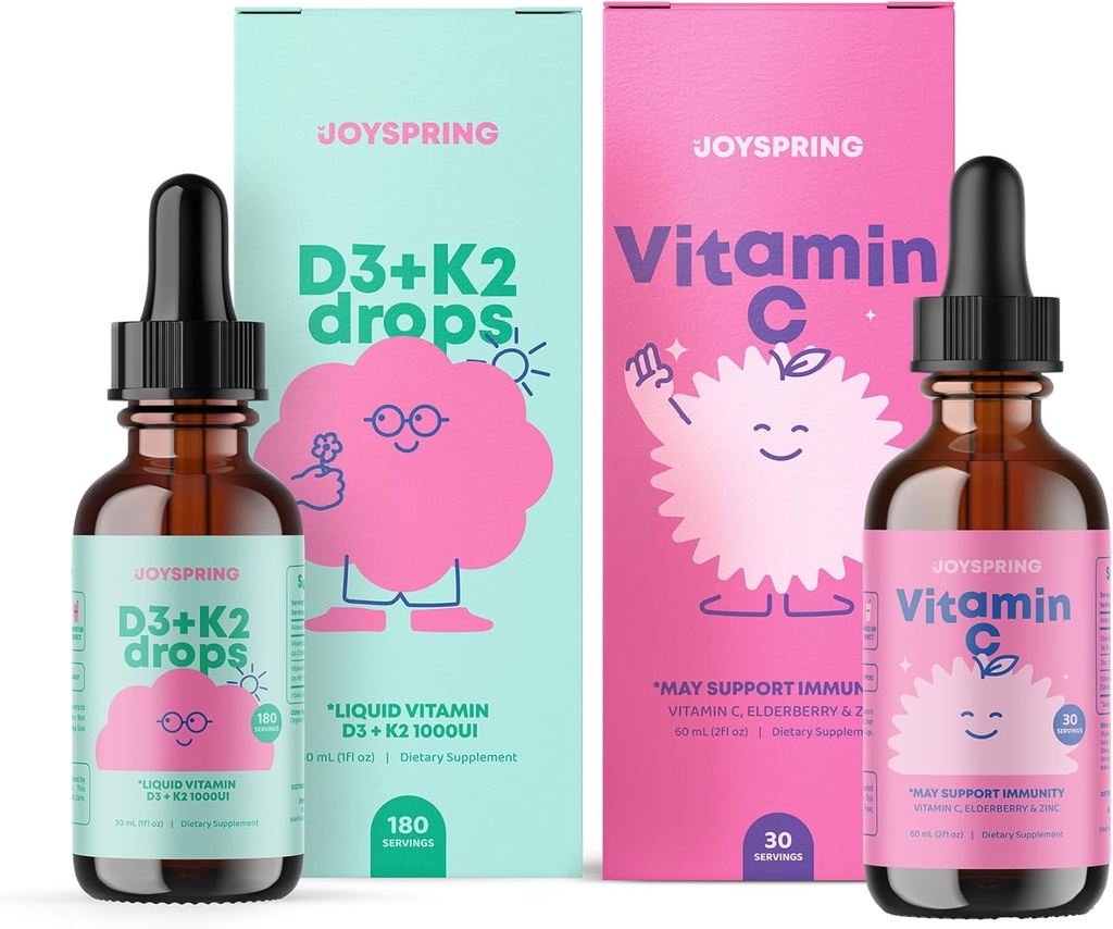 JoySpring C-vitamin + Elderberry Drops + Zink Kosttilskud til børn immunforsvar og D-vitamin Dryps til immunstøtte & hjerte sundhed