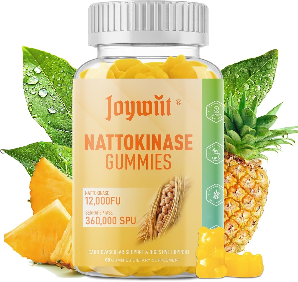 Nattokinase Gummies 12.000 FU, Serrapeptase Gummies 360.000 SPU Enzyme supplement med Bromelain Papain & Inulin til circulatory, Gut, fordøjelsesstøtte, Vegan, Non GMO, 60 Counts