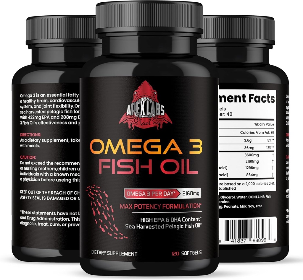Triple Strength Omega 3 Fish Oil - Burpless Fish Oil Supplement w / EPA & DHA Fedtsyrer fra Single- Source Wild Alaska Pollock - 1200 mg, 120 ct