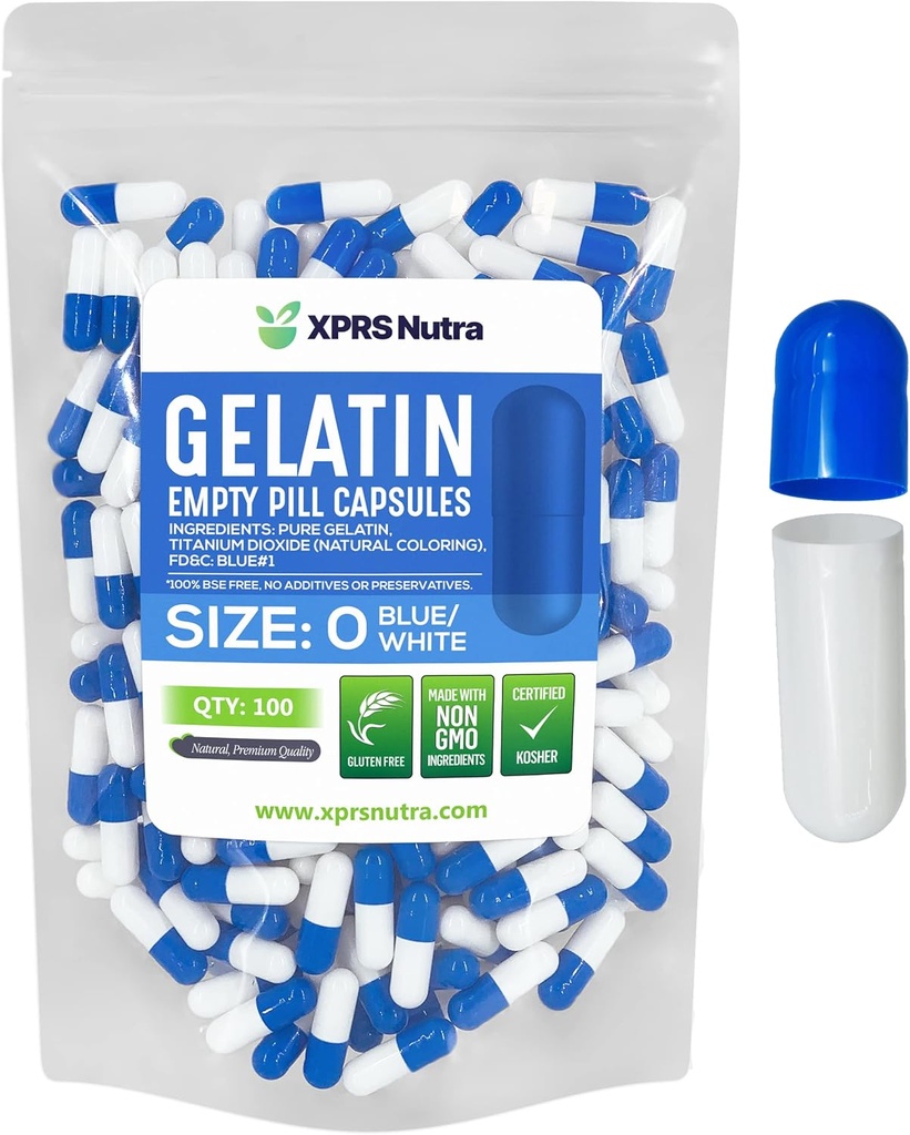 XPRS Nutra Størrelse 0 Tomme kapsler - 100 Tomme Gelatine kapsler - Piller gør det selv Capsule Fyldning - Pure Bovin Pil Gel Caps til Do- It- Yourself Kosttilskud (blå / hvid)