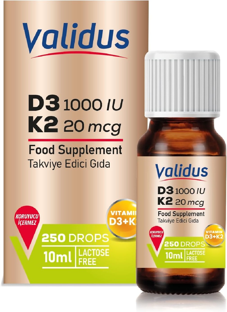 GLIDUS Vitamin D3K2 Drops - High Potency Vitamin D3 + K2 MK- 7, 250 Væskedråber, Forbedret Absorption for ben & hjerte sundhed, understøtter immunfunktion, Non- GMO, Gluten- Free, Let at bruge, 10 ml