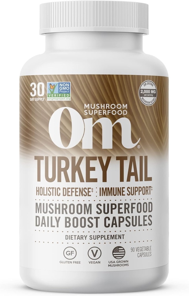 Om Mushroom Superfood Tyrkiet Tail Mushroom Capsules Superfood Supplement, 90 Greve, 30 dage, immunforsvar, polysacchrides, Beta- glucans, Gut Health & Holistic Defense Mushroom Supplement