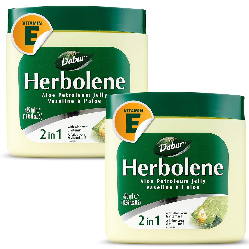 Dabur Herbolene Aloe Vera Gel Petroleum Jelly - Forstærket med E-vitamin til dyb & intensiv hudens moisturisering - Trøst på følsom hud - Nærende bliss og vedvarende hydrering - 425 ML (pakke med 2)