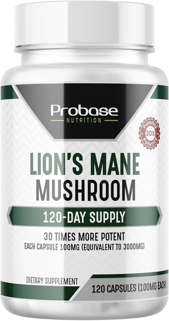 Probase Nutrition Lions Mane Supplement kapsler 30x Potency Extract Mushroom Supplement 4 Måned Supply 120 Tæl