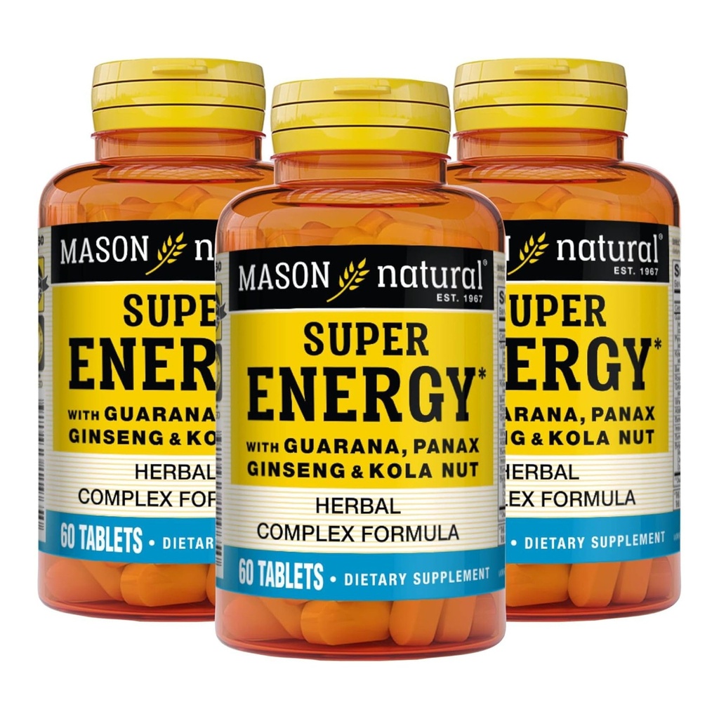 MASON NATURAL Super Energy, Lavet med Guarana, Panax Ginseng & Kola Nut for Optimal Performance & Energy, 90 Day Supply, 60 tabletter (pakke med 3)