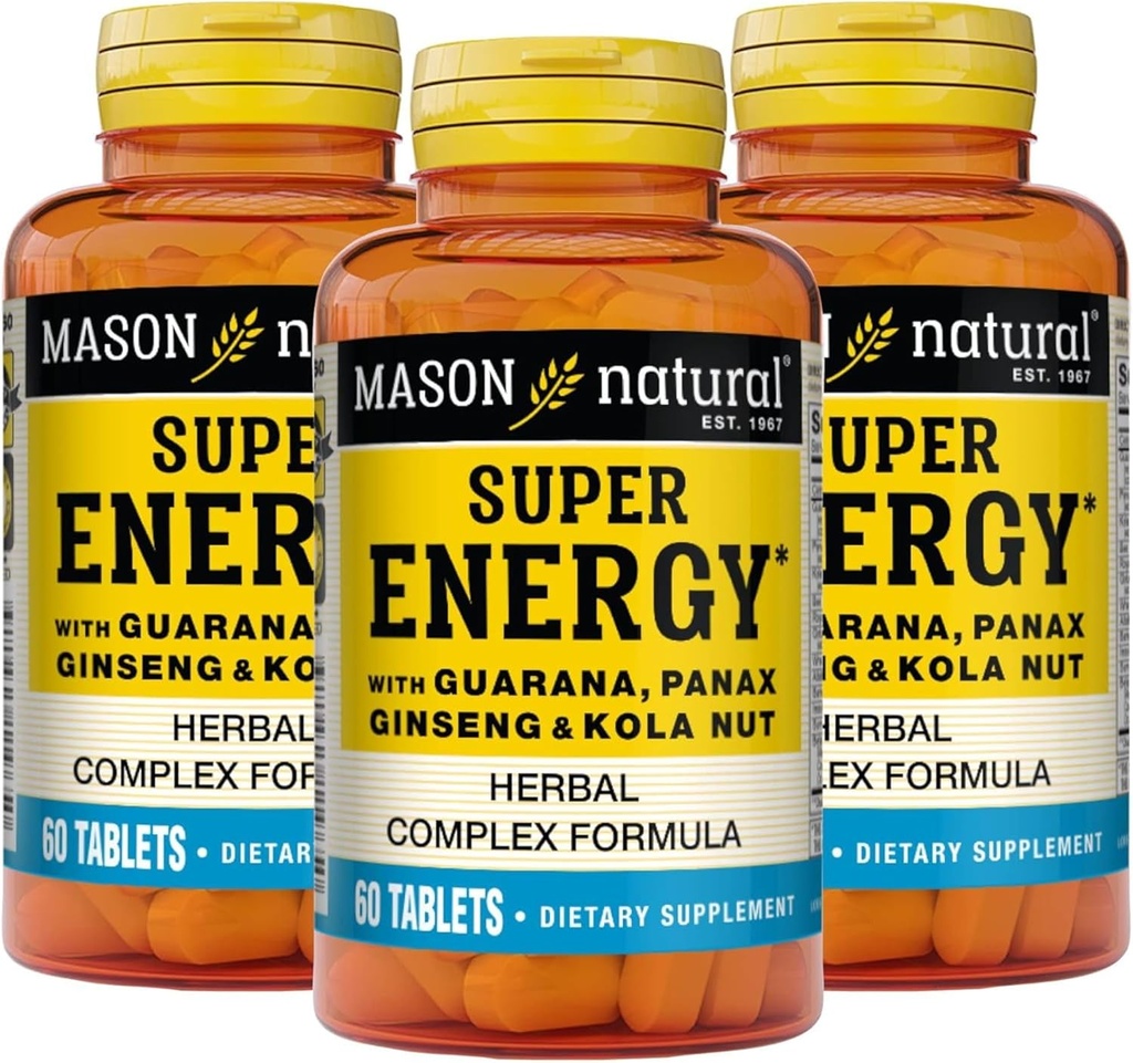 MASON NATURAL Super Energy, Lavet med Guarana, Panax Ginseng & Kola Nut for Optimal Performance & Energy, 90 Day Supply, 60 tabletter (pakke med 3)