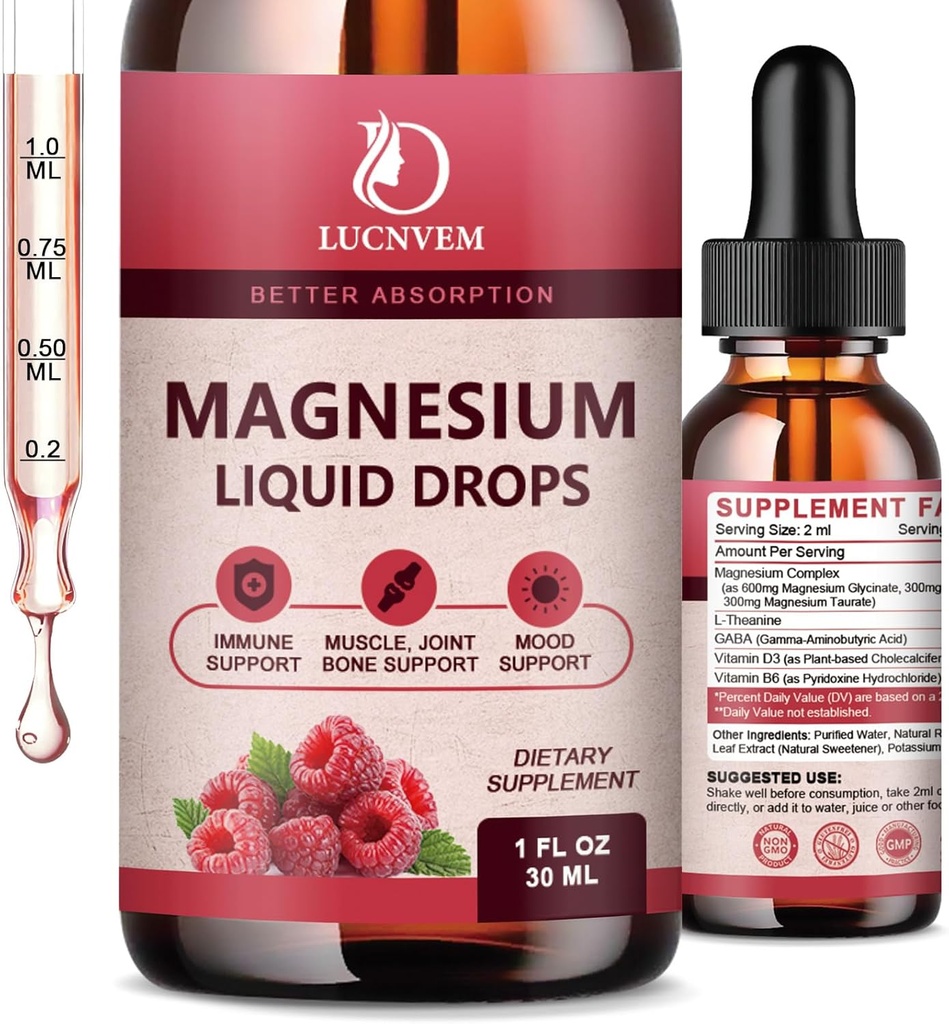 90% Absorption Magnesium Glycinat Flydende dråber med citrat og taurat, Magnesium Complex 1200mg med GABA, L- theanin, D3 og B6 til ro, søvn, afspænding - Raspberry Flavor 1 Fl Oz (pakke med 2)
