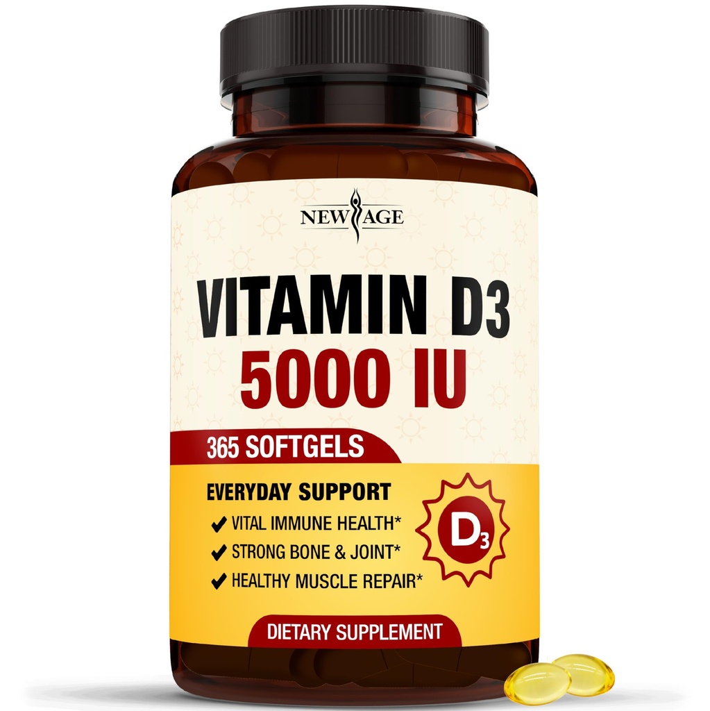 NEW AGE D3 5000 IE 125mcg Softgels - Support Immunsupport, Stærk Knoglesundhed - Non- GMO, Gluten- Free, Dairy- Free, 1 års Supply (360 Softgels (Pack of 1))
