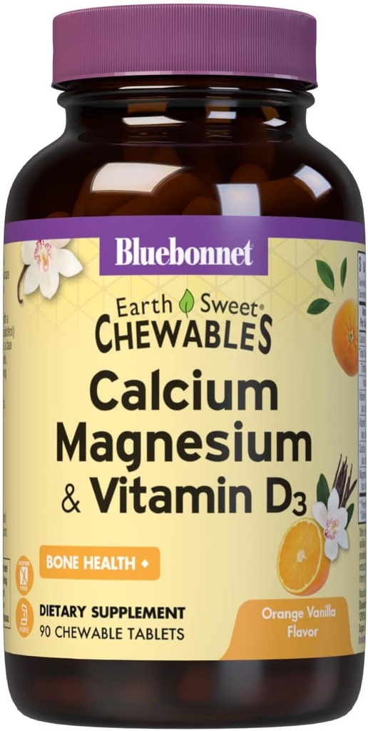 Bluebonnet Nutrition Calcium Magnesium Plus D3-vitamin Earthsweet, Knoglehelbred & Muskel Afslapning, Soy- Free, Gluten- Free, Kosher, Dairy- Free, 90 Orange Vanilla Tyggetabletter