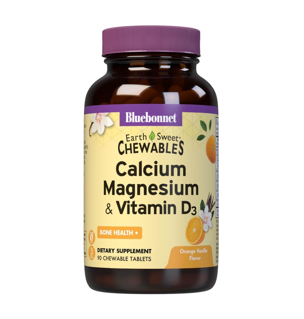 Bluebonnet Nutrition Calcium Magnesium Plus D3-vitamin Earthsweet, Knoglehelbred & Muskel Afslapning, Soy- Free, Gluten- Free, Kosher, Dairy- Free, 90 Orange Vanilla Tyggetabletter