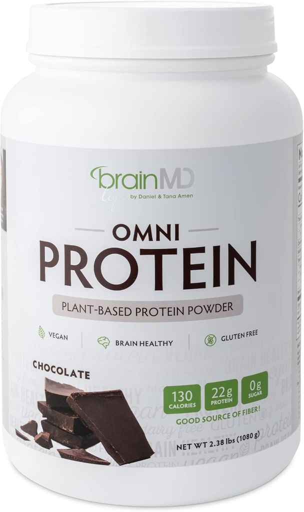BRAINMD Dr Amen Omni Protein Chocolate - 2.38 lbs - Plantbaseret protein pulver - fremmer energi & motion Inddrivelse - Vegan, Vegetar, Sukker fri, Gluten fri - 30 Servere