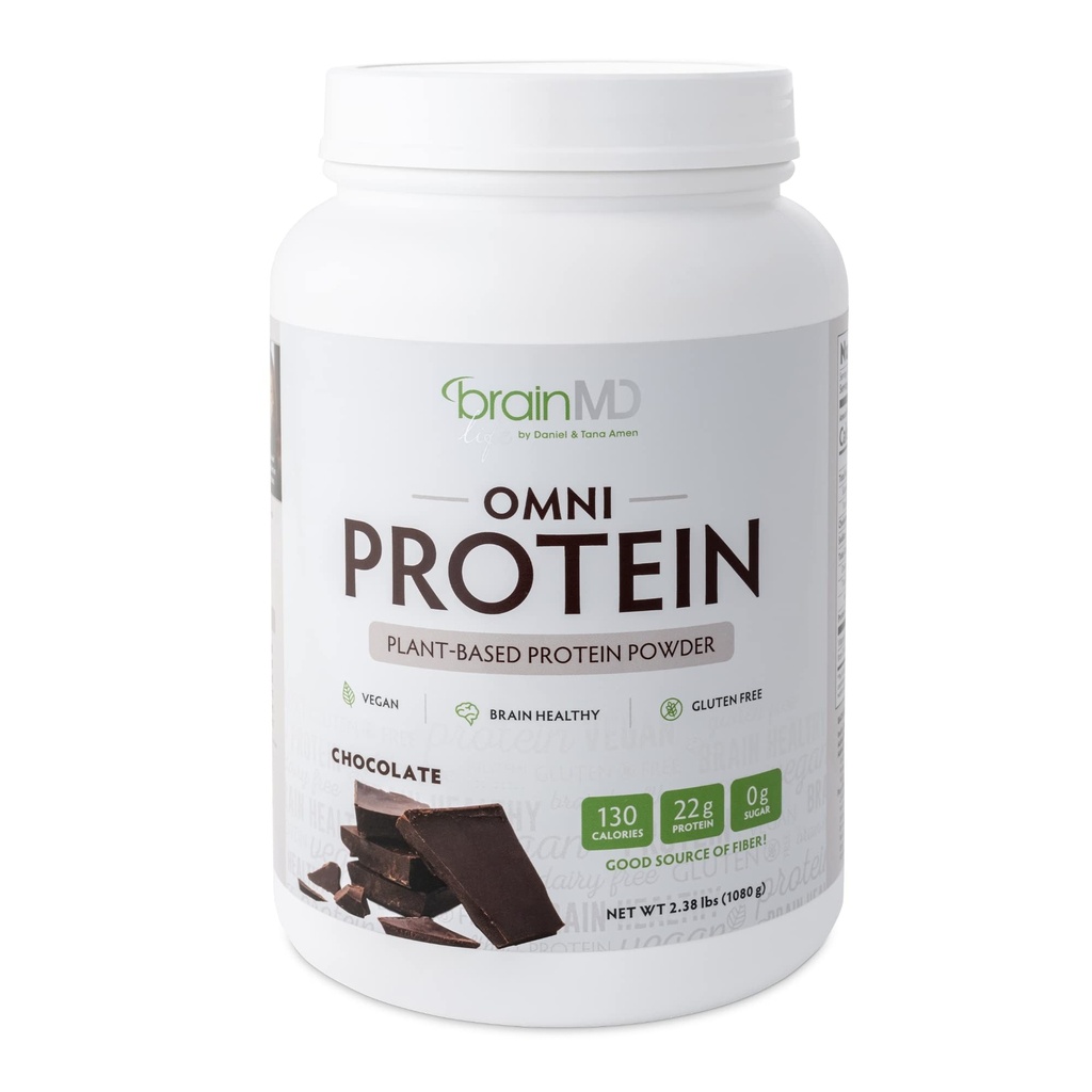 BRAINMD Dr Amen Omni Protein Chocolate - 2.38 lbs - Plantbaseret protein pulver - fremmer energi & motion Inddrivelse - Vegan, Vegetar, Sukker fri, Gluten fri - 30 Servere