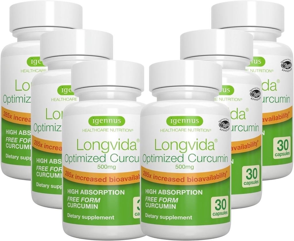 Igennus Longvida Lipidated Curcumin 500mg, Ultra Bioavailable & Sustained Action, 65x Higher Plasma Levels, Intensive Support, Free-Form Curcumin, Vegan, 180 Capsules