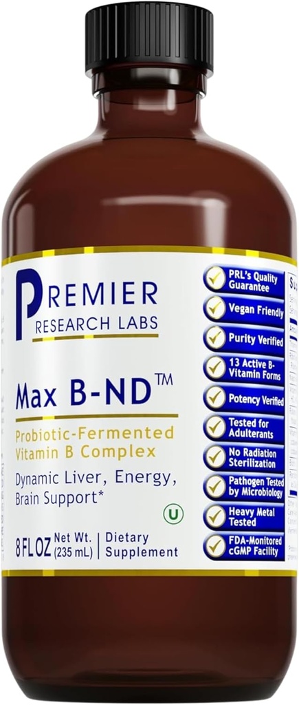 Premier Research Labs Max B- ND - flydende vitamin B kompleks for lever og hjerne sundhed, Sublingual Drops til mænd og kvinder med Thiamin, B12 & B6- 8 Fl Oz flaske