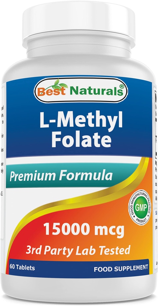 Bedste Naturals Methyl Folate 15000 mcg (15mg) (Mest bio- tilgængelige) 60 tabletter - Understøtter Cell Formation Growth Function, Brain, Memory, Cardiovaskulær Health (60 Greve (Pack of 1))