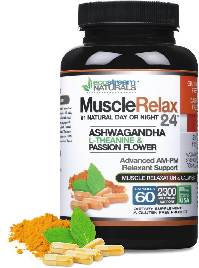 MuscleRelax 24 / 7 Understøtter muskelafslapning, dag eller nat brug, naturligt afledte ingredienser - Sikker og effektiv - Glutenfri - 60 Vegetariske kapsler