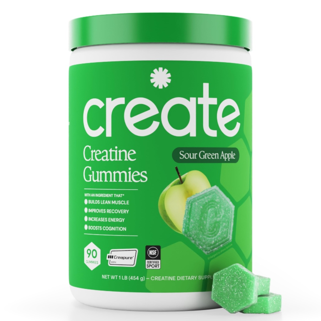 Creatine Monohydrate Gummies for Mænd & Kvinder - Boost Focus, Styrke og Endurance, Anti- Smelteformel, Vegan, Gluten- Free, Non- GMO, 1.5 Gram Creatin per Gummy (sour Green Apple, 90 ct)