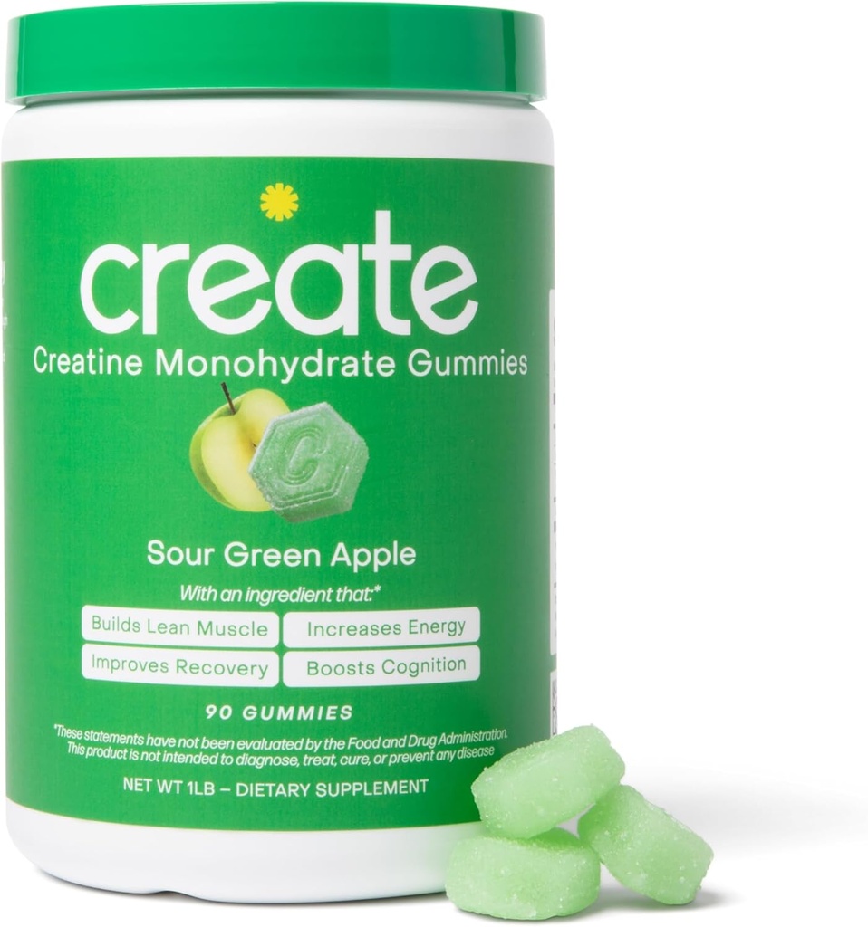 Creatine Monohydrate Gummies for Mænd & Kvinder - Boost Focus, Styrke og Endurance, Anti- Smelteformel, Vegan, Gluten- Free, Non- GMO, 1.5 Gram Creatin per Gummy (sour Green Apple, 90 ct)