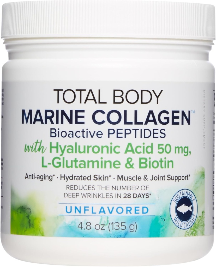 Naturlige faktorer Total Body Marine Collagen, Bioactive Peptider Pulver til sund hud, hår & Joints, Unflavored, 4.8 Oz