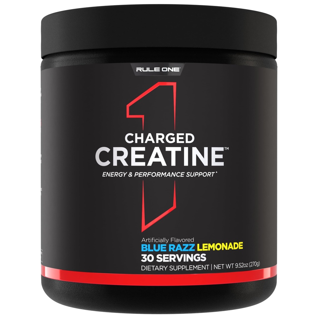 Regel 1 Charged Creatin - Multi- Function Workout Supplement med Creatin, Electrolyte, og energiblandinger til Intensity, Performance, & Hydration Support (30 Serveringer, Blue Razz Lemonade)