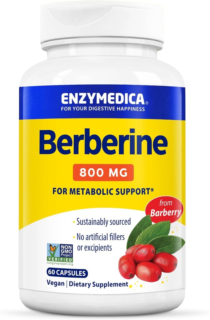 Enzymedica Berberine 800 mg - Veganske kapsler til metabolisk støtte - fra Sustainely Sourced Barberry - Non- GMO, Gluten- Free, Ingen Fyldere eller Hjælpestoffer - 60 kapsler