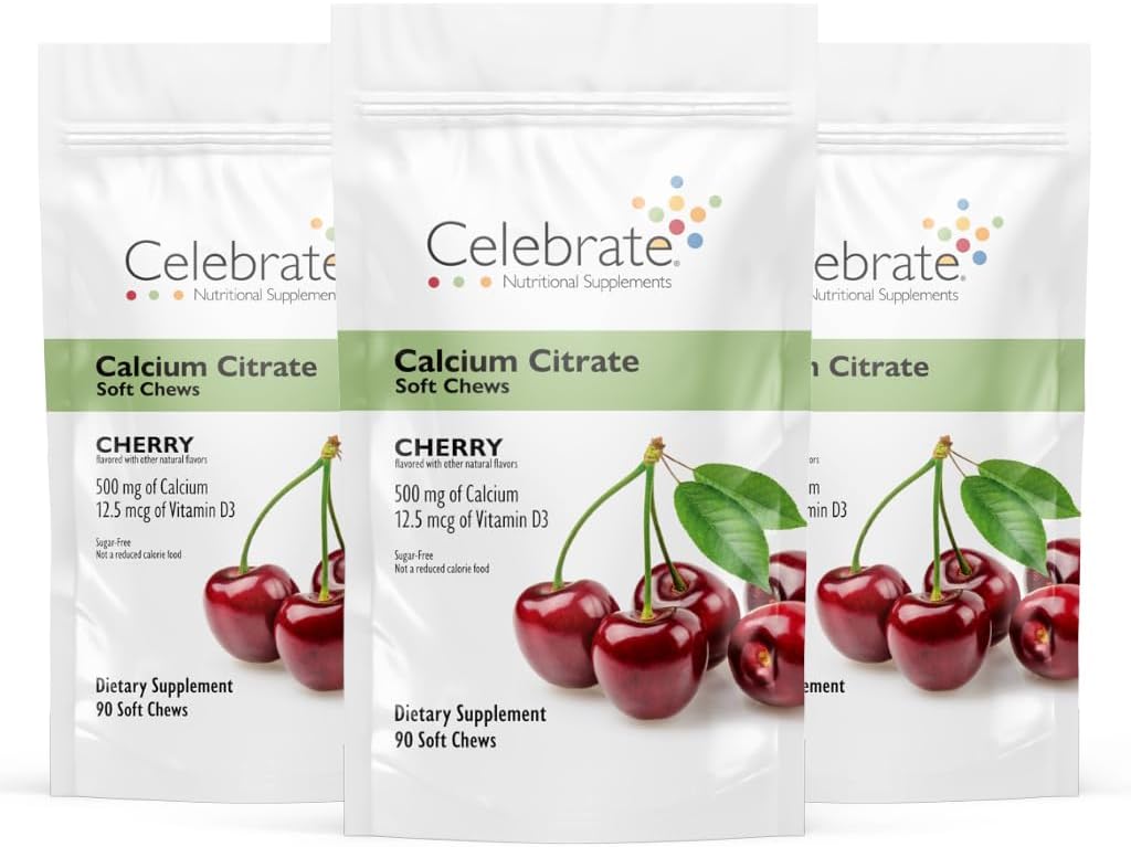 Celebrate Vitamin Bariatric 500 mg Calcium Citrate Soft Chews med 500 IE D3 Vitamin - Essential for Gastric Bypass Patienter & Knoglehelbred - Sukker & Gluten Free, Cherry (270 Tyg)