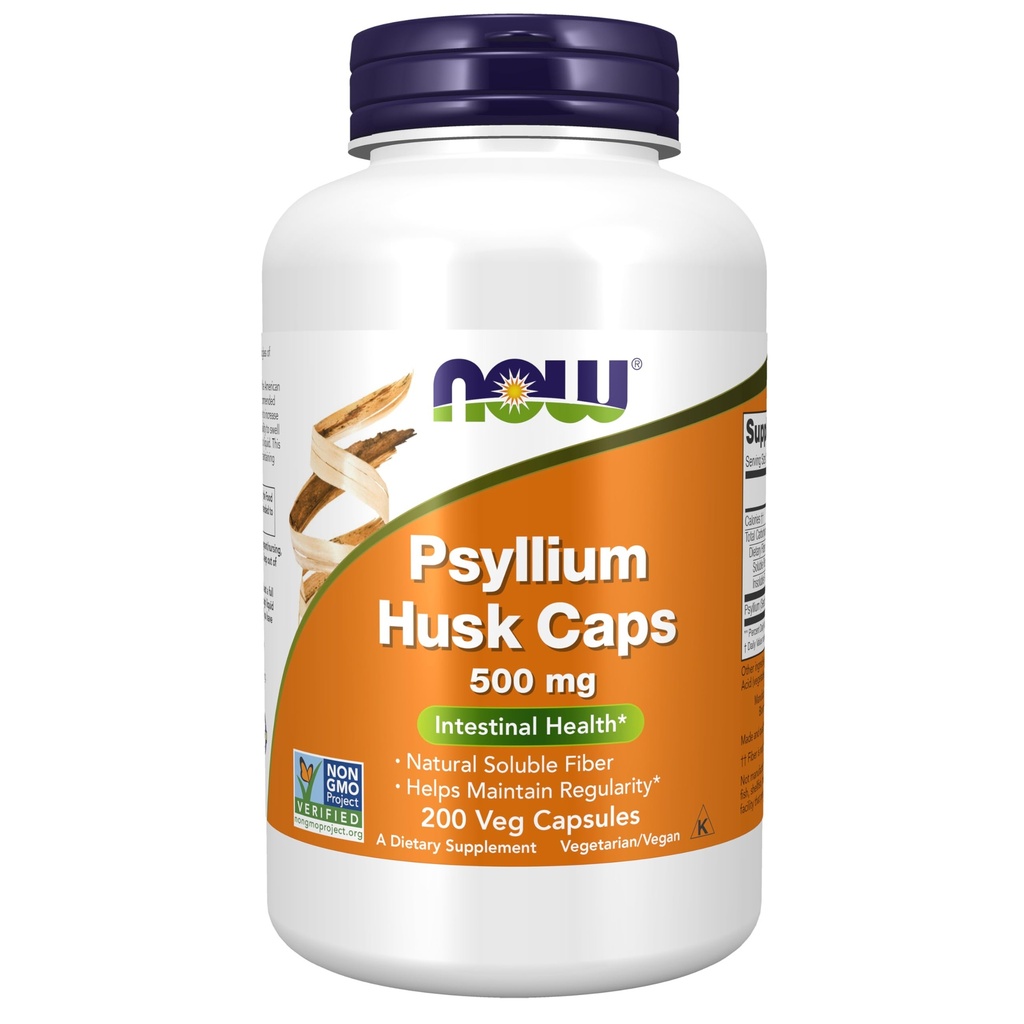 Now Foods Supplements, Psyllium Husk Caps 500 mg, Non- GMO Project Verified, Natural Opløselig Fiber, Intestinal Health *, 200 Veg Kapsler