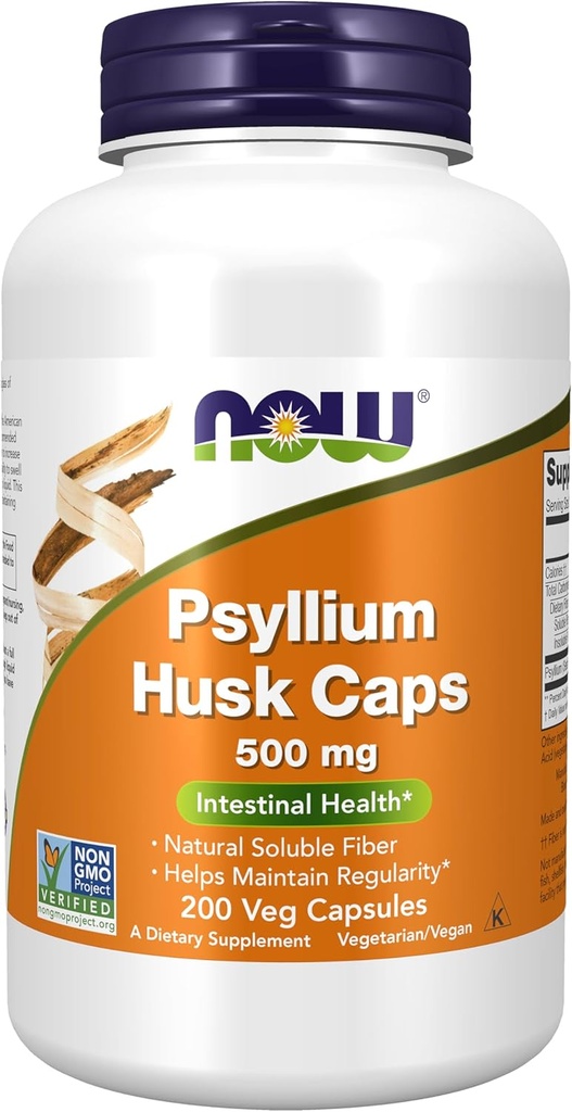 Now Foods Supplements, Psyllium Husk Caps 500 mg, Non- GMO Project Verified, Natural Opløselig Fiber, Intestinal Health *, 200 Veg Kapsler