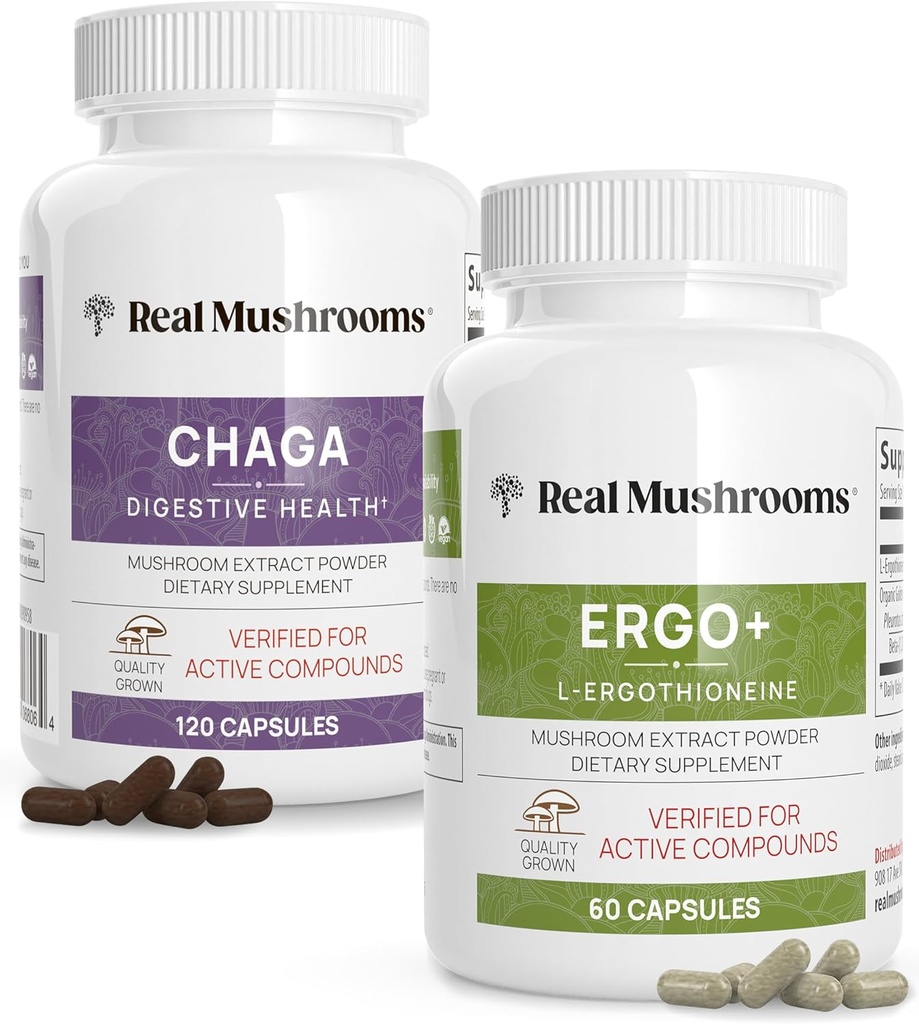 Real Mushrooms Ergothioneine (60ct) og Chaga (120ct) Bundle med Shiitake og Oyster Mushroom Extract - Longevity, fordøjelsessygdomme - Vegan, Gluten Free, Non- GMO - Naturlig støtte til sund aldring