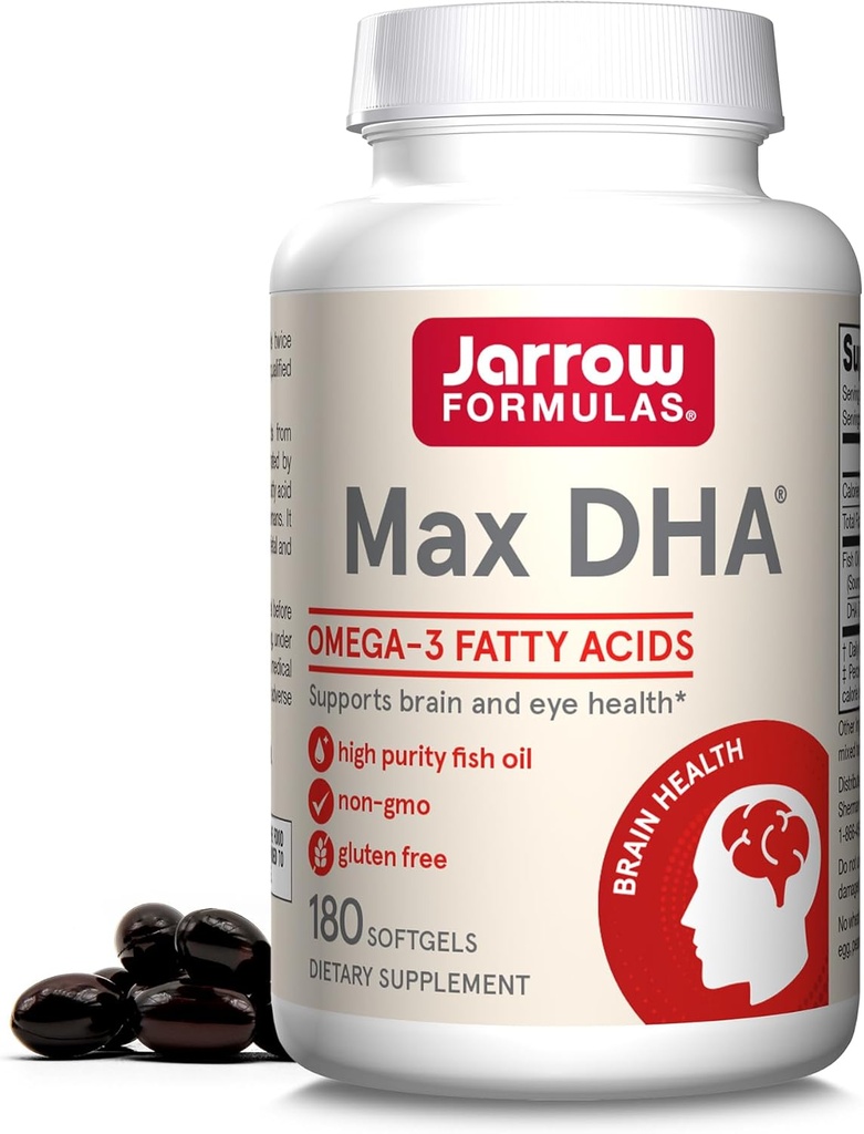 Jarrow Formulas MaxDHA - 180 Softgels - High Renhed Fish Oil - Supplement understøtter hjerne & øje sundhed - koncentreret i Omega-3 fedtsyrer & berigede i DHA - 90 Servere