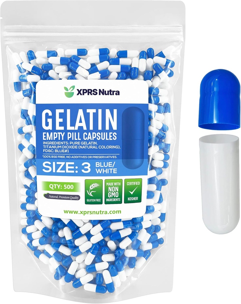 XPRS Nutra Størrelse 3 Tomme kapsler - 500 Tomme Gelatine kapsler - Piller gør det - Pure Bovin Pille Gel Caps Fyldelig til Do- It- Yourself Vitamin og kosttilskud (blå / hvid)