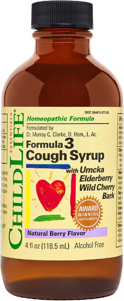 Børnehjem Essentials Formel 3 Kids Hoste Syrup - Børns Hoste Medicine for Kids 2-11, with Umcka, Elderberry & Wild Cherry Bark, Gluten Free - Natural Berry, 4 Fl Oz