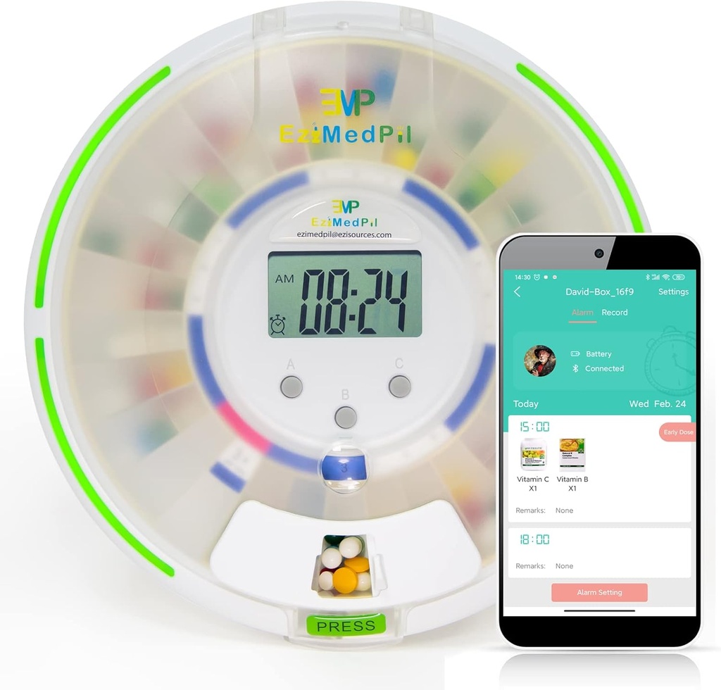 EziMedPil Bluetooth Pill Dispenser w / Sound & Light & App Alert, op til 9 alarmer / dag, Ezi- Læs LCD, Frosted Lid & Locked 28- Day Medication Dispenser til beskyttelse af piller Privacy