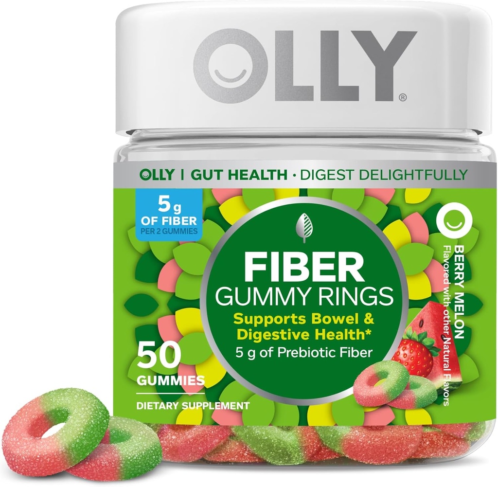 OLLY Fiber Gummy ringe, 5g Prebiotic Fiber, FOS (Fructo- oligosaccharides), fordøjelsesstøtte, Berry Melon 50ct