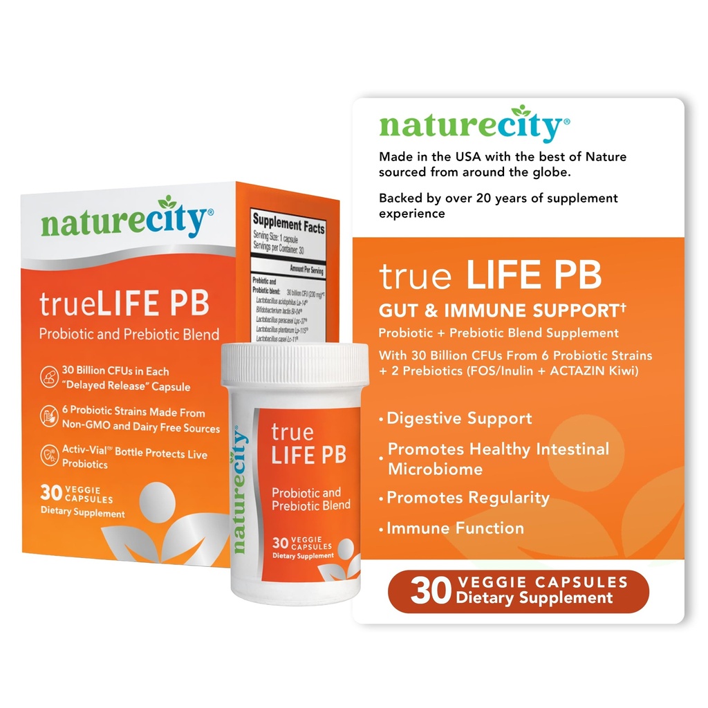 NatureCity True-Life- PB Hylde Stabil Blend Prebiotika og Probiotika til kvinder og mænd - fordøjelige Gut Health Kosttilskud til kvinder og mænd - Dairy Free - (30 Veggie Capsules)