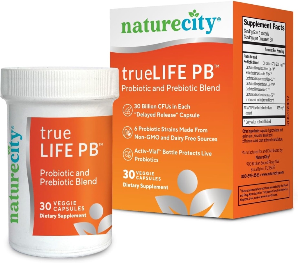 NatureCity True-Life- PB Hylde Stabil Blend Prebiotika og Probiotika til kvinder og mænd - fordøjelige Gut Health Kosttilskud til kvinder og mænd - Dairy Free - (30 Veggie Capsules)