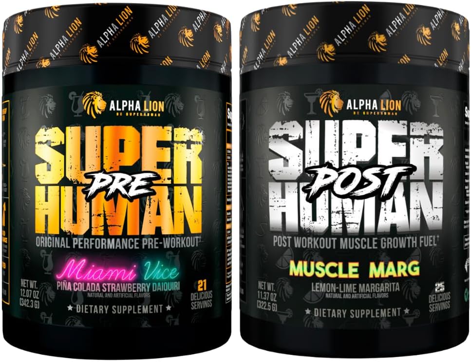 LION Superhuman Pre Workout Powder & Post Workout Recovery Bundle, Vedvarende energi & Focus + Lean Muscle Growth, Strength & Volume (Miami Vice & Muscle Marg)