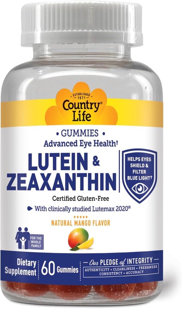 Country Life Lutein Gummies med Lutemax 2020, 60 Ct, Chewable Natural Eye Support Supplement, Marigold Lutein, Zeaxanthin, Eye Health & Macular Support, Non- GMO, Natural Fruit Pectin, Vegan