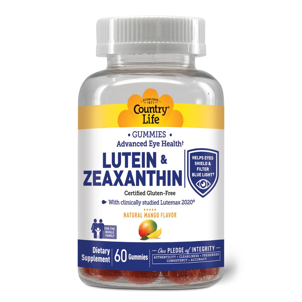 Country Life Lutein Gummies med Lutemax 2020, 60 Ct, Chewable Natural Eye Support Supplement, Marigold Lutein, Zeaxanthin, Eye Health & Macular Support, Non- GMO, Natural Fruit Pectin, Vegan